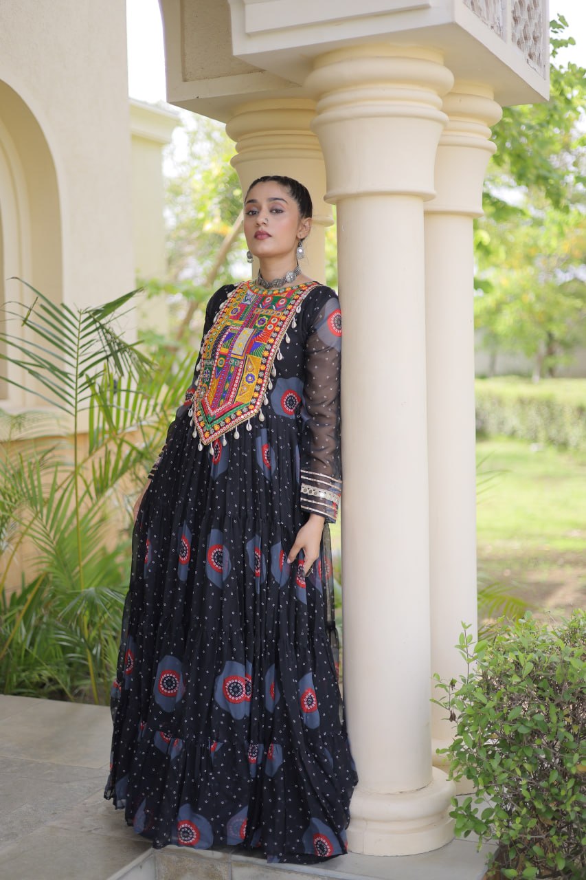 Meera Black Faux Georgette Bandhani Kutchi Patchwork Gown