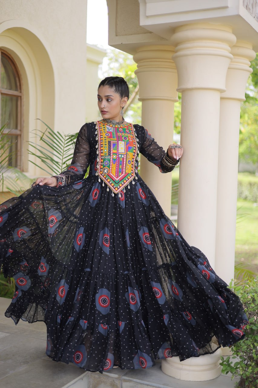 Meera Black Faux Georgette Bandhani Kutchi Patchwork Gown