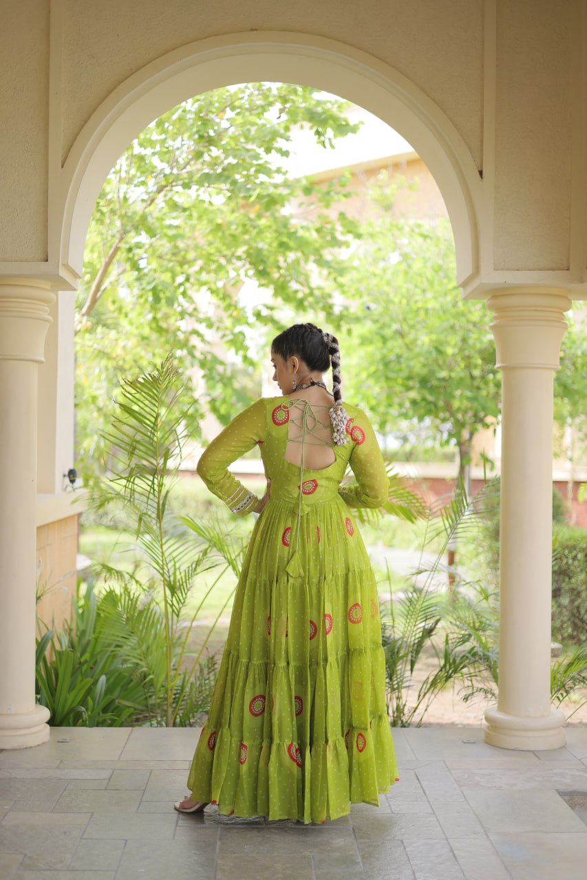 Meera Green Faux Georgette Bandhani Kutchi Patchwork Gown