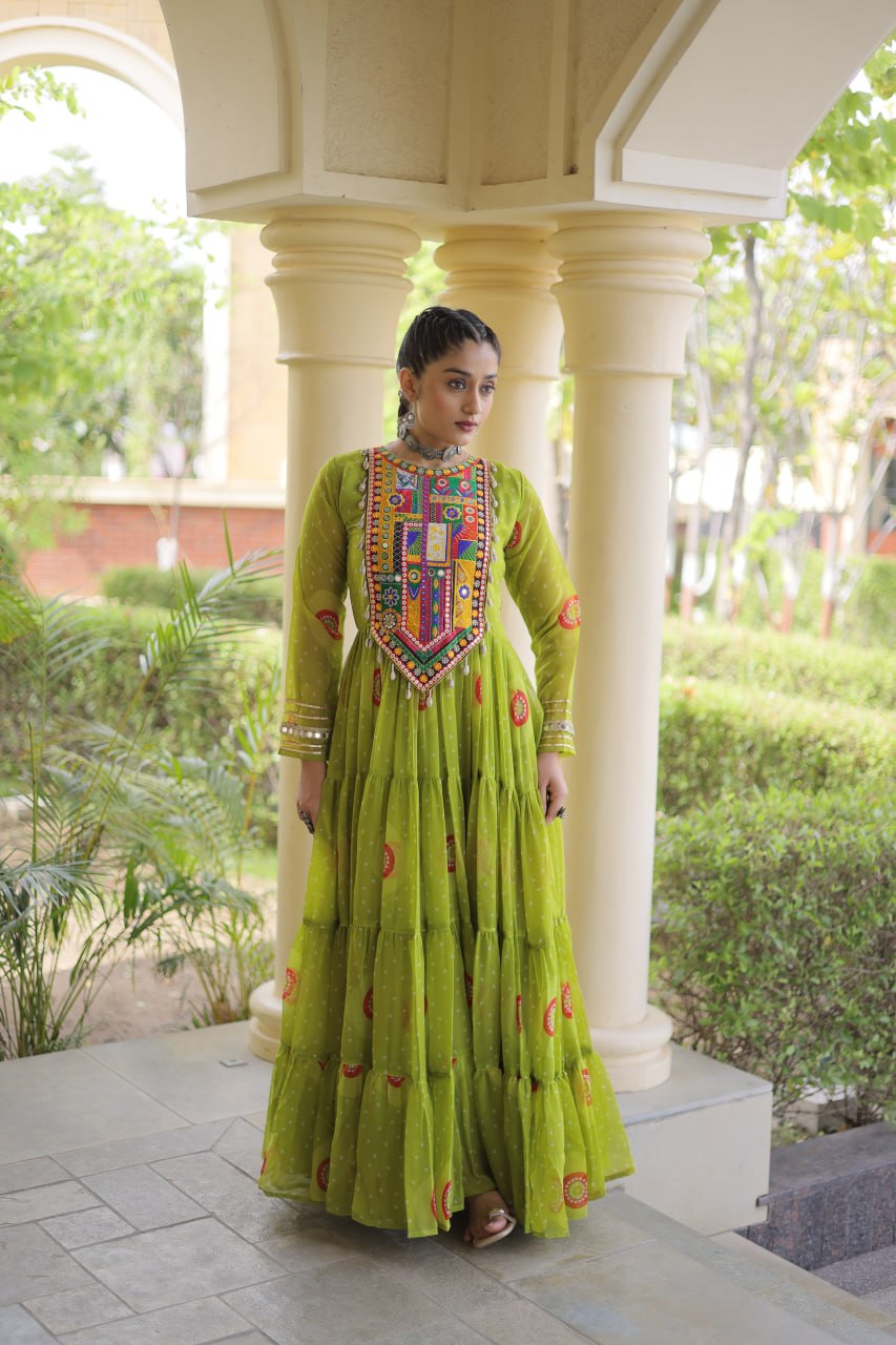 Meera Green Faux Georgette Bandhani Kutchi Patchwork Gown