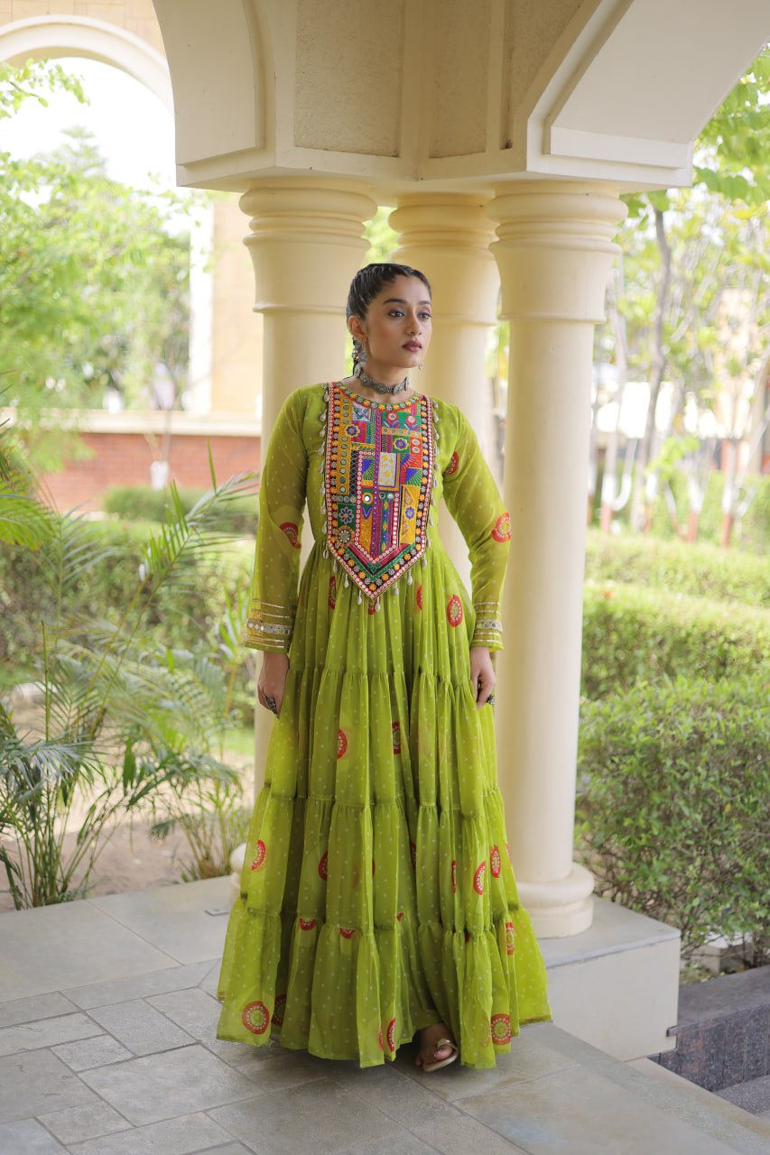 Meera Green Faux Georgette Bandhani Kutchi Patchwork Gown