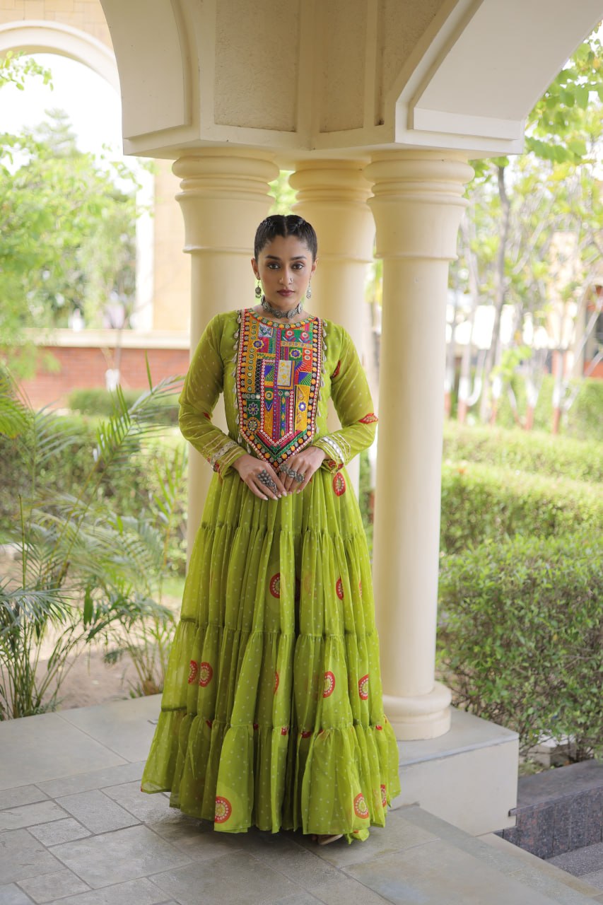 Meera Green Faux Georgette Bandhani Kutchi Patchwork Gown