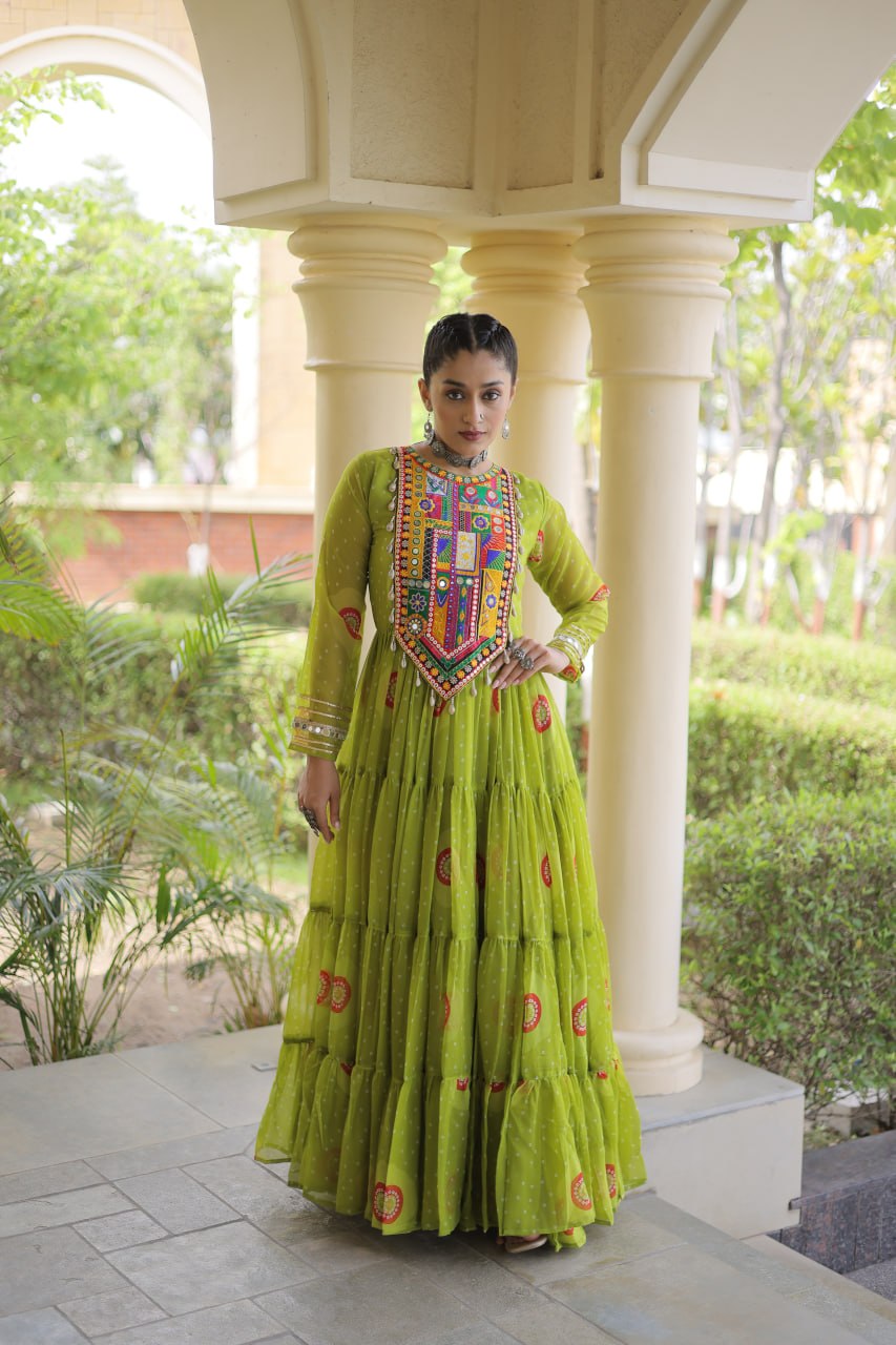 Meera Green Faux Georgette Bandhani Kutchi Patchwork Gown