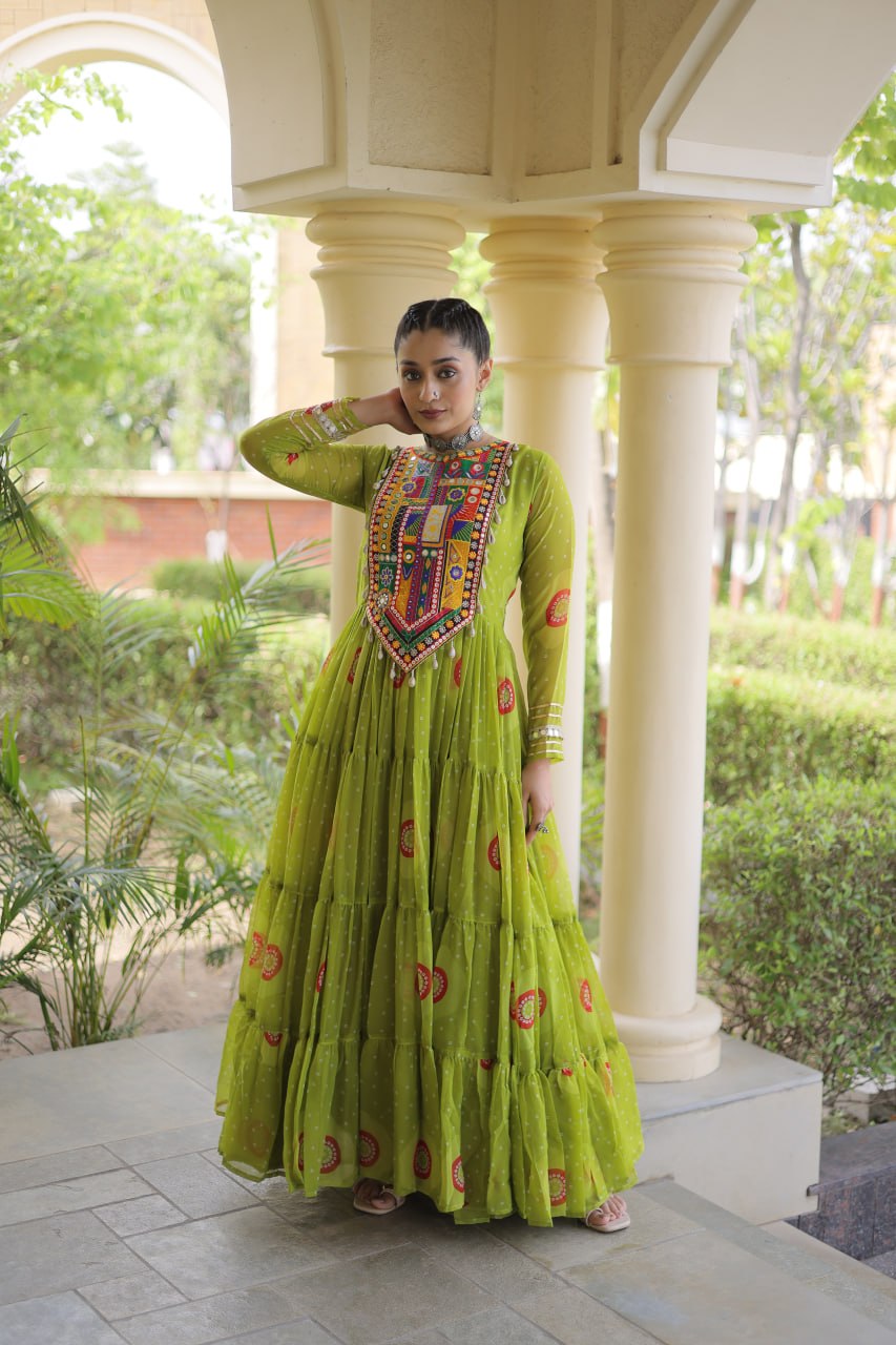 Meera Green Faux Georgette Bandhani Kutchi Patchwork Gown