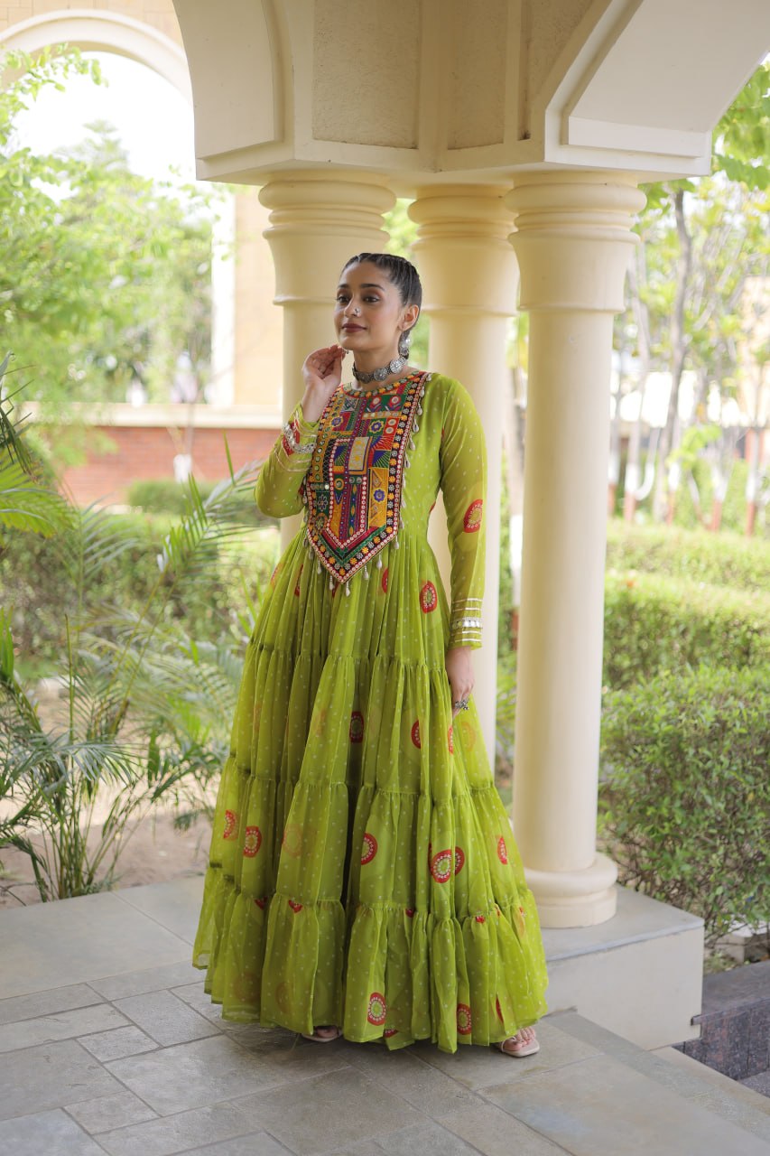 Meera Green Faux Georgette Bandhani Kutchi Patchwork Gown