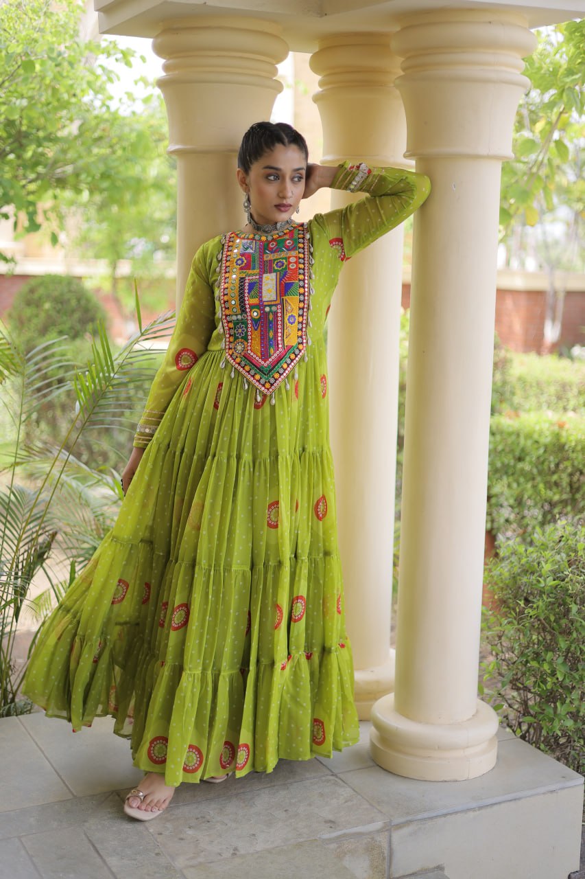 Meera Green Faux Georgette Bandhani Kutchi Patchwork Gown