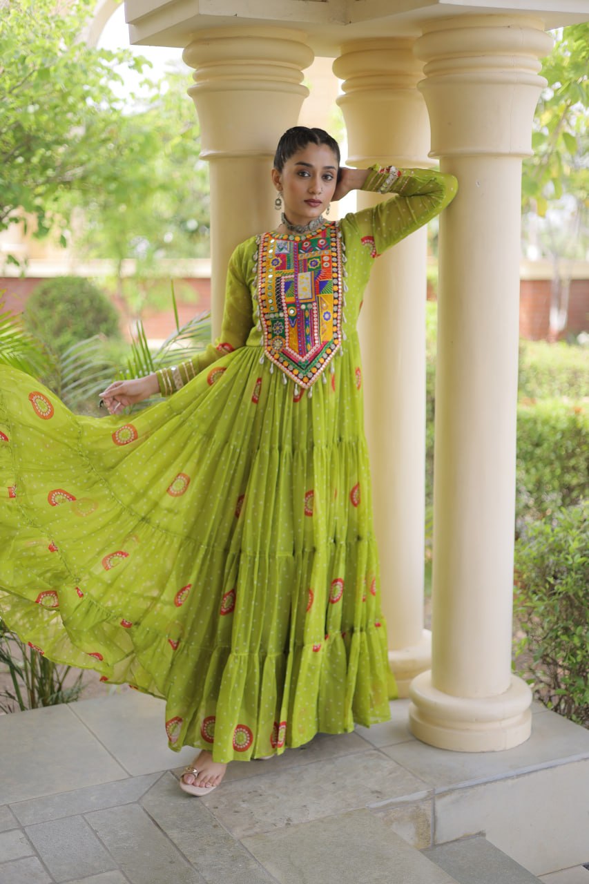 Meera Green Faux Georgette Bandhani Kutchi Patchwork Gown