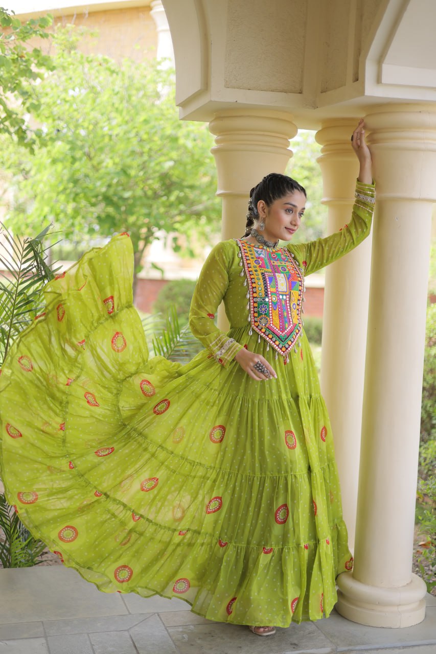 Meera Green Faux Georgette Bandhani Kutchi Patchwork Gown