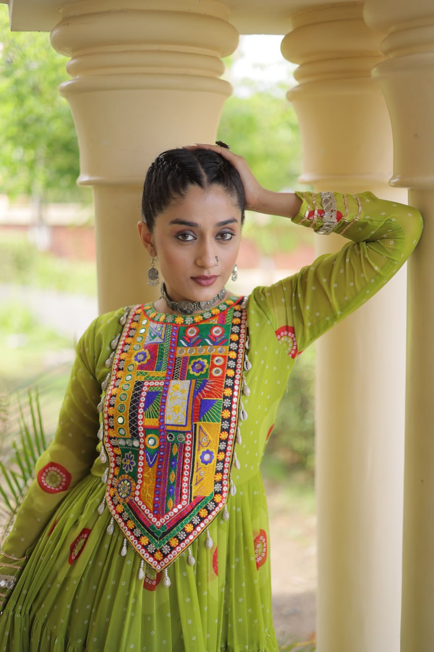 Meera Green Faux Georgette Bandhani Kutchi Patchwork Gown