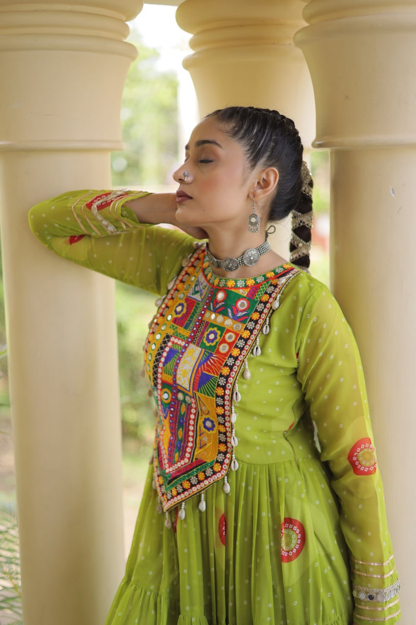 Meera Green Faux Georgette Bandhani Kutchi Patchwork Gown