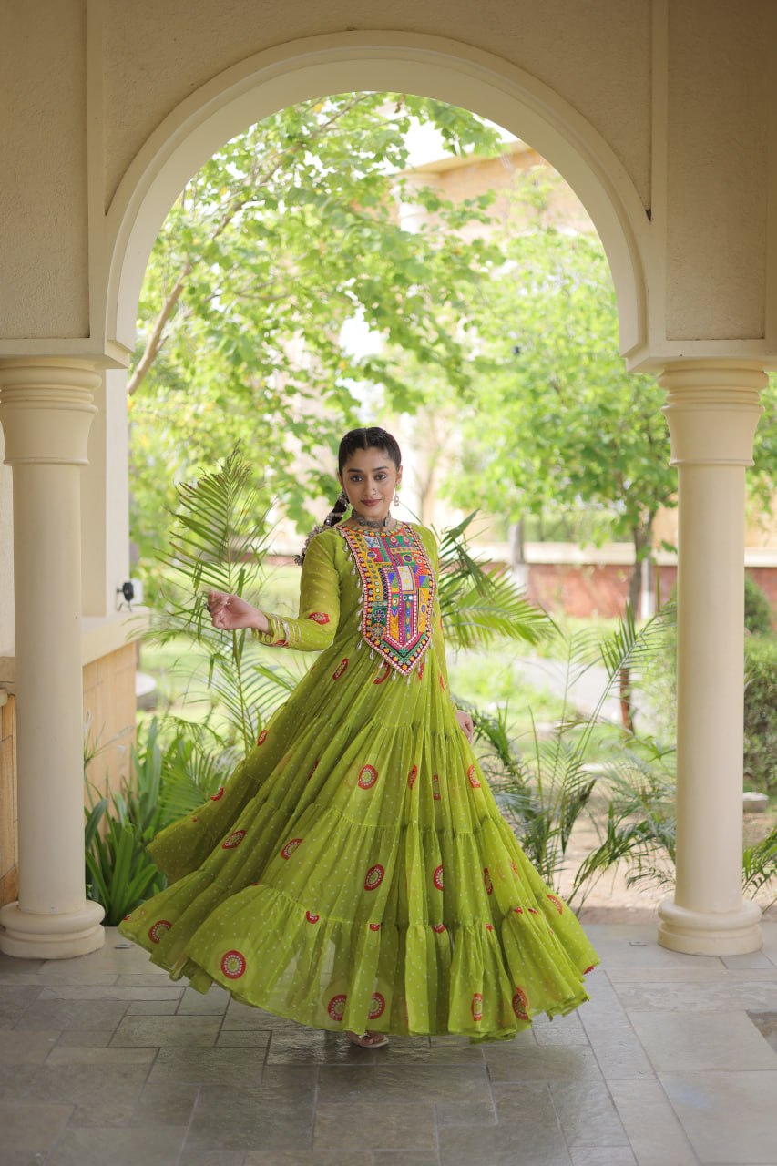 Meera Green Faux Georgette Bandhani Kutchi Patchwork Gown