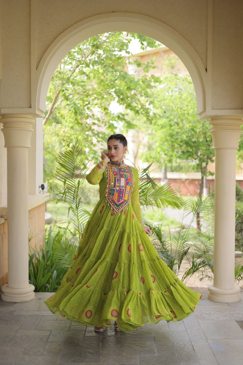 Meera Green Faux Georgette Bandhani Kutchi Patchwork Gown
