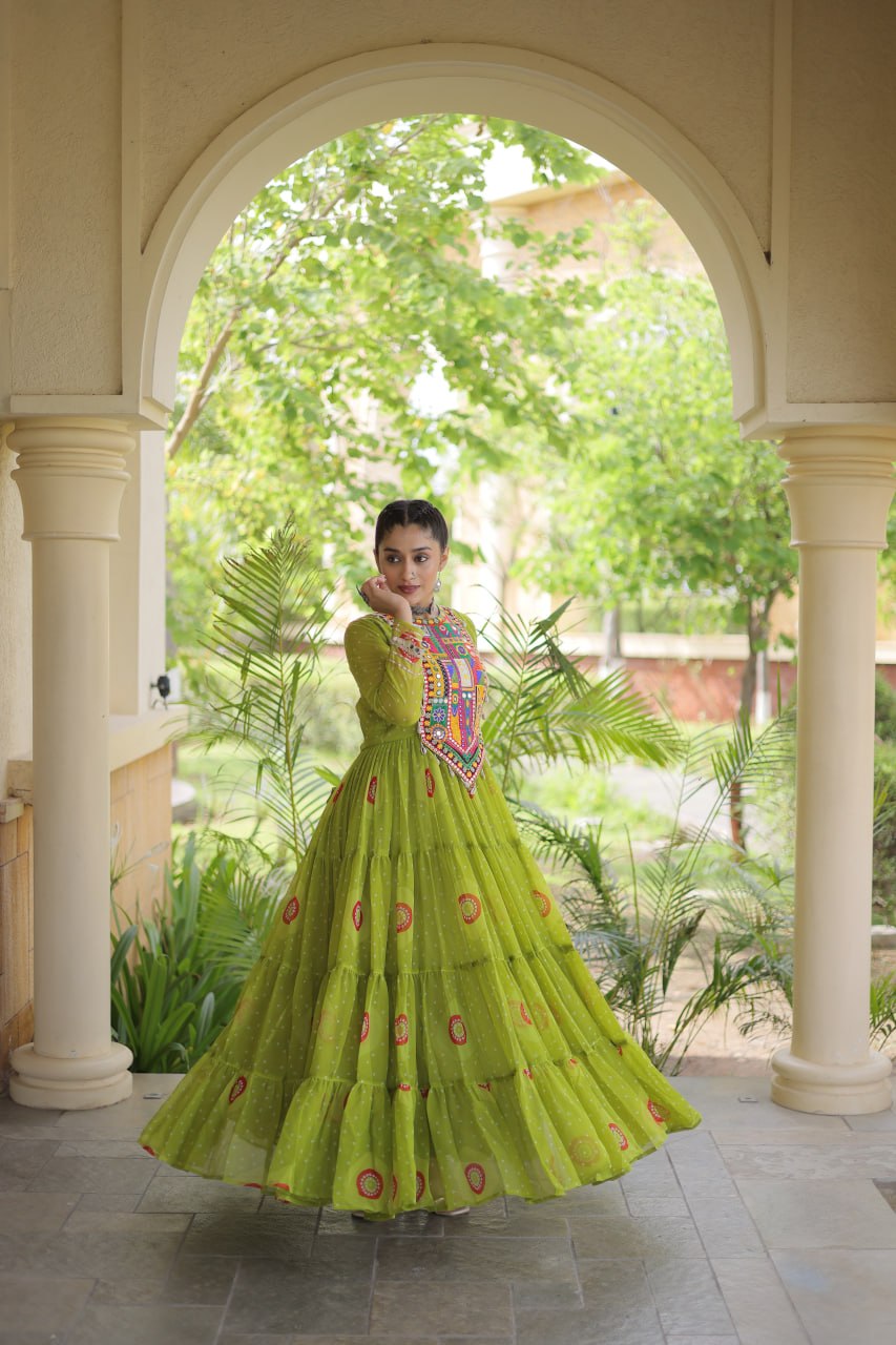 Meera Green Faux Georgette Bandhani Kutchi Patchwork Gown