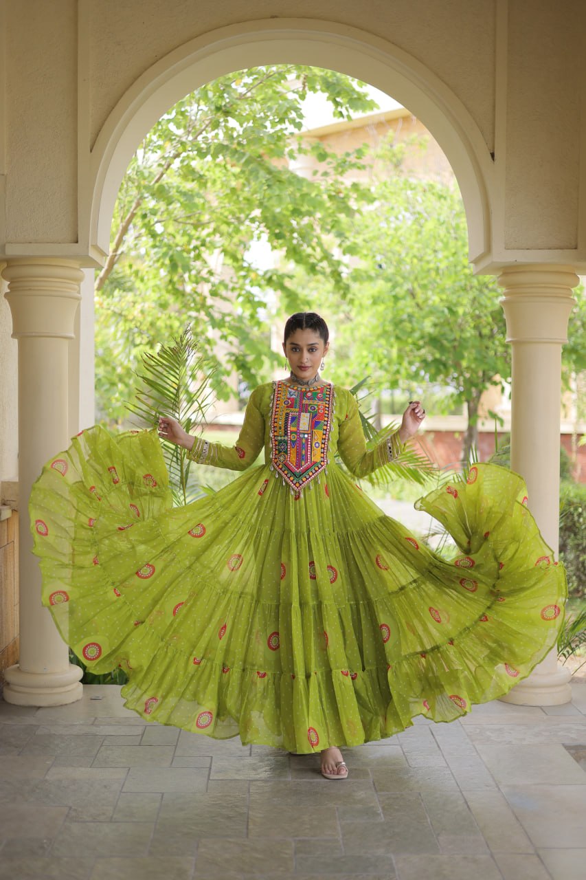 Meera Green Faux Georgette Bandhani Kutchi Patchwork Gown