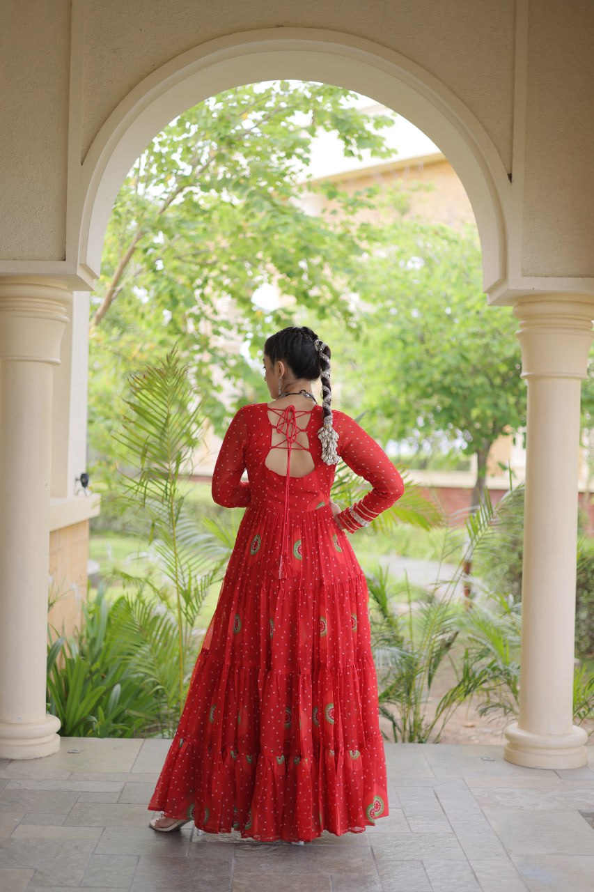 Meera Red Faux Georgette Bandhani Kutchi Patchwork Gown