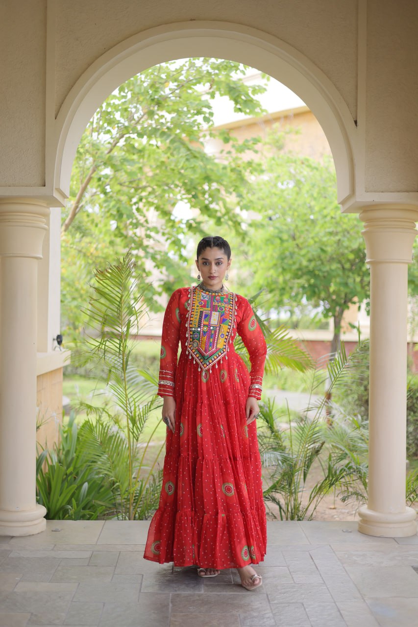 Meera Red Faux Georgette Bandhani Kutchi Patchwork Gown