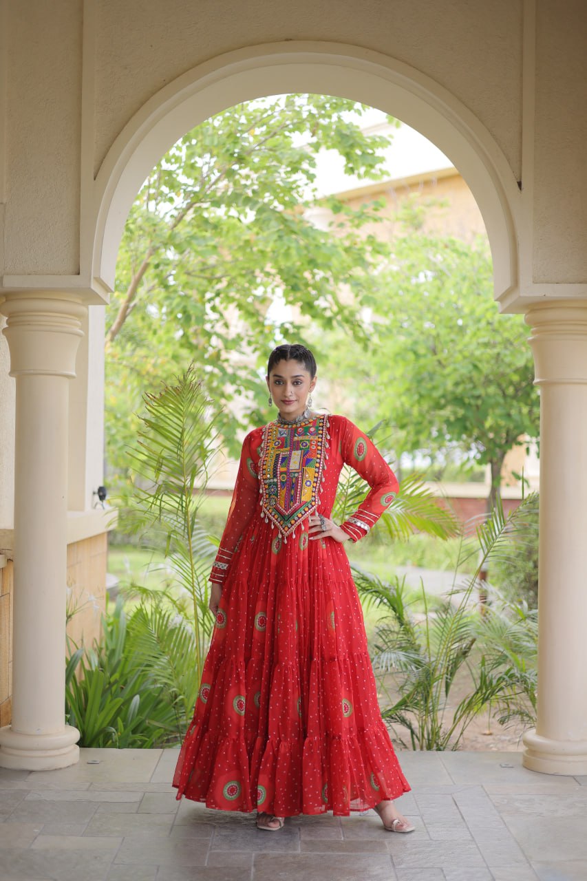 Meera Red Faux Georgette Bandhani Kutchi Patchwork Gown