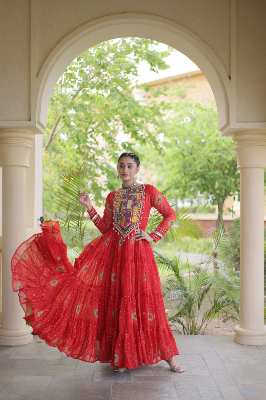 Meera Red Faux Georgette Bandhani Kutchi Patchwork Gown