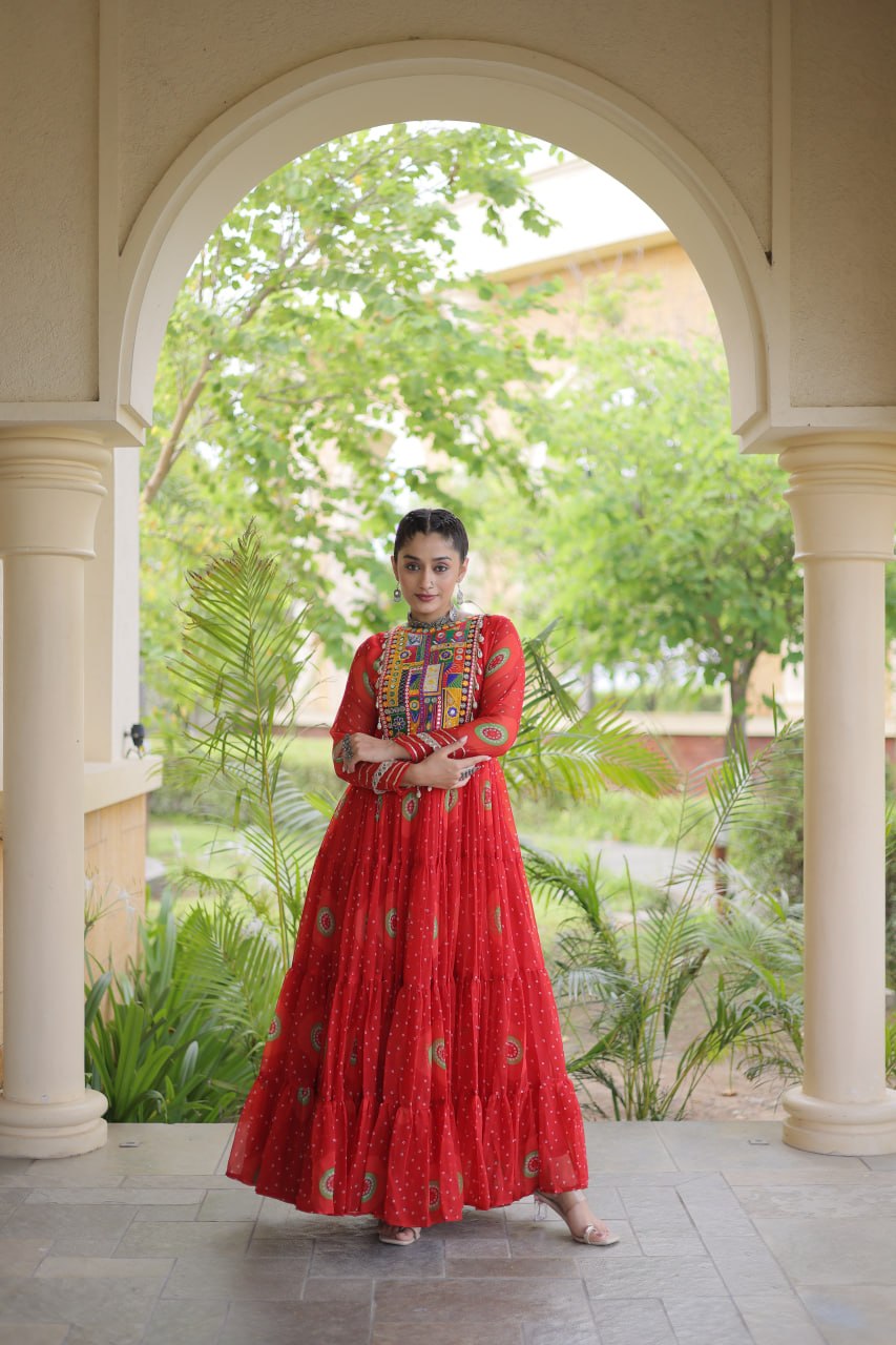 Meera Red Faux Georgette Bandhani Kutchi Patchwork Gown