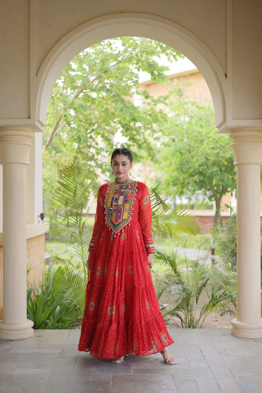 Meera Red Faux Georgette Bandhani Kutchi Patchwork Gown