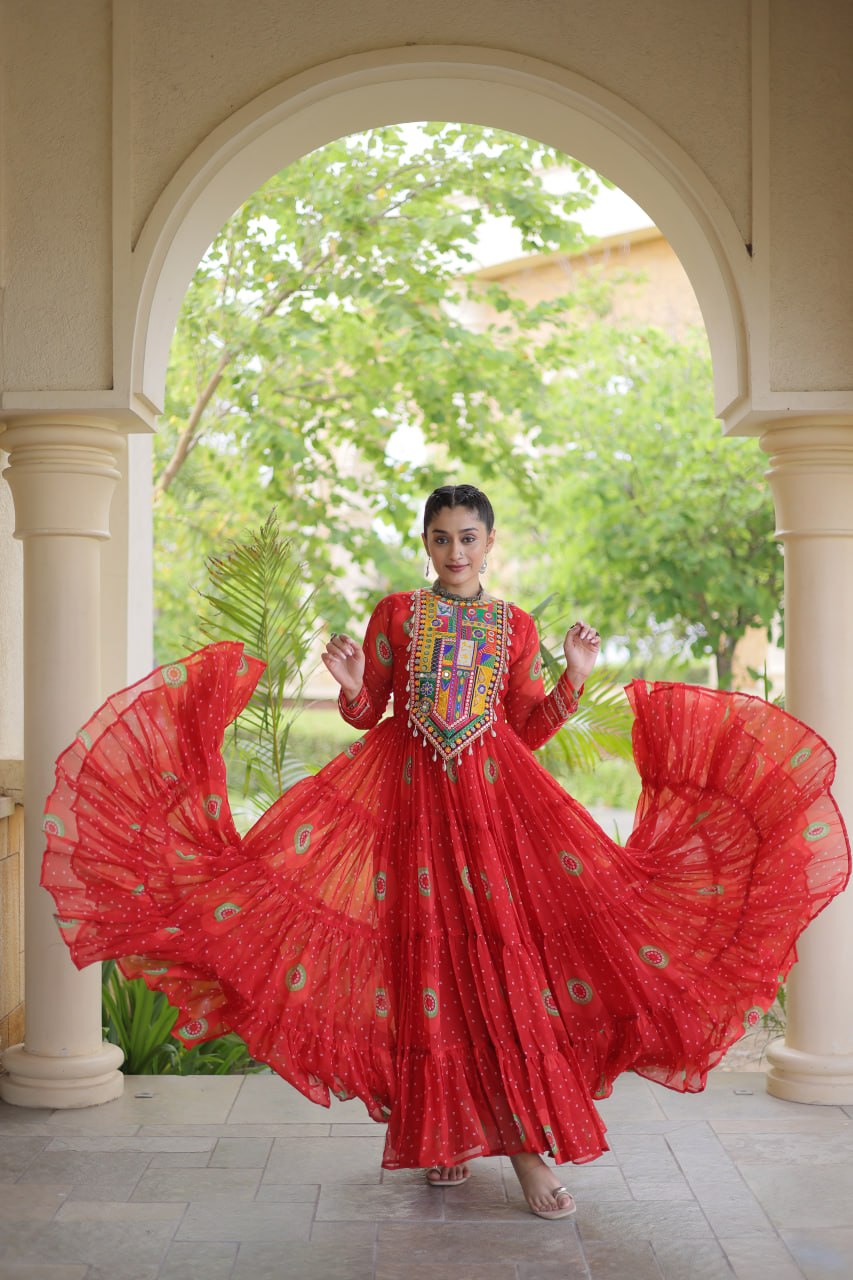 Meera Red Faux Georgette Bandhani Kutchi Patchwork Gown