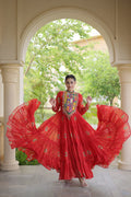 Meera Red Faux Georgette Bandhani Kutchi Patchwork Gown