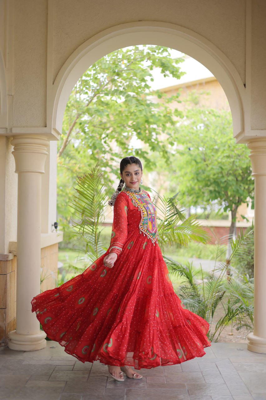 Meera Red Faux Georgette Bandhani Kutchi Patchwork Gown