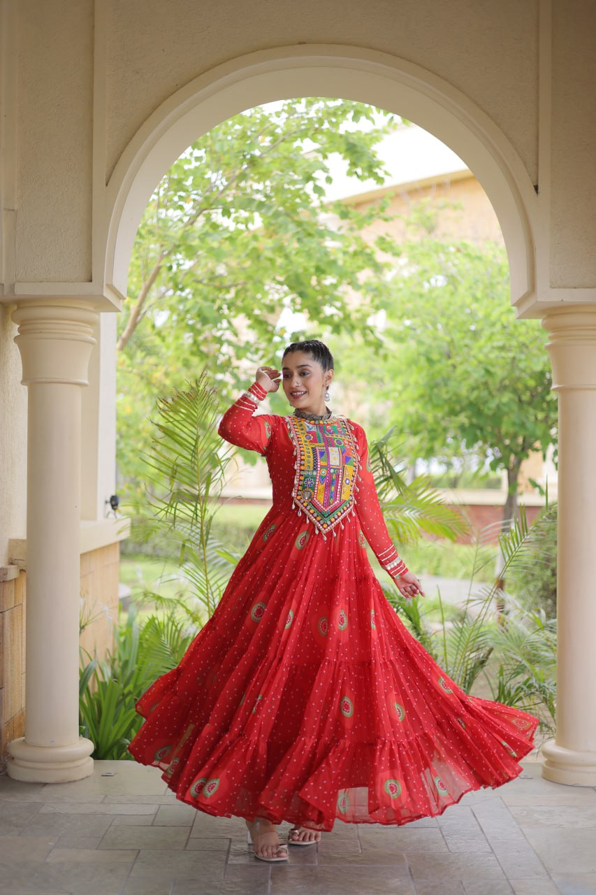Meera Red Faux Georgette Bandhani Kutchi Patchwork Gown