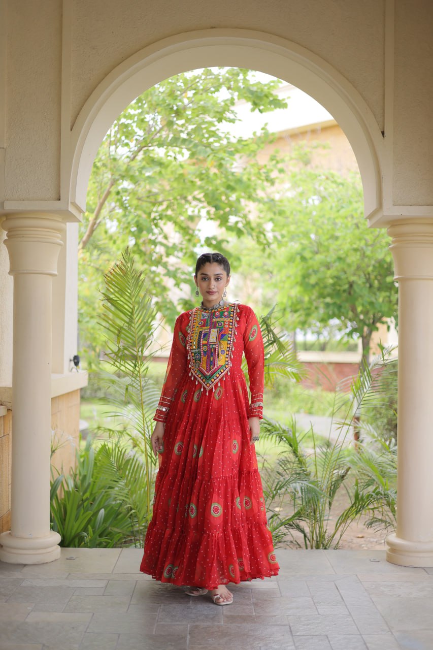 Meera Red Faux Georgette Bandhani Kutchi Patchwork Gown