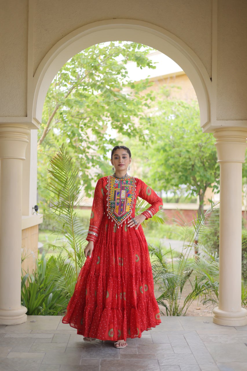 Meera Red Faux Georgette Bandhani Kutchi Patchwork Gown