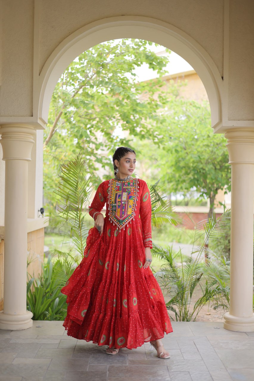 Meera Red Faux Georgette Bandhani Kutchi Patchwork Gown