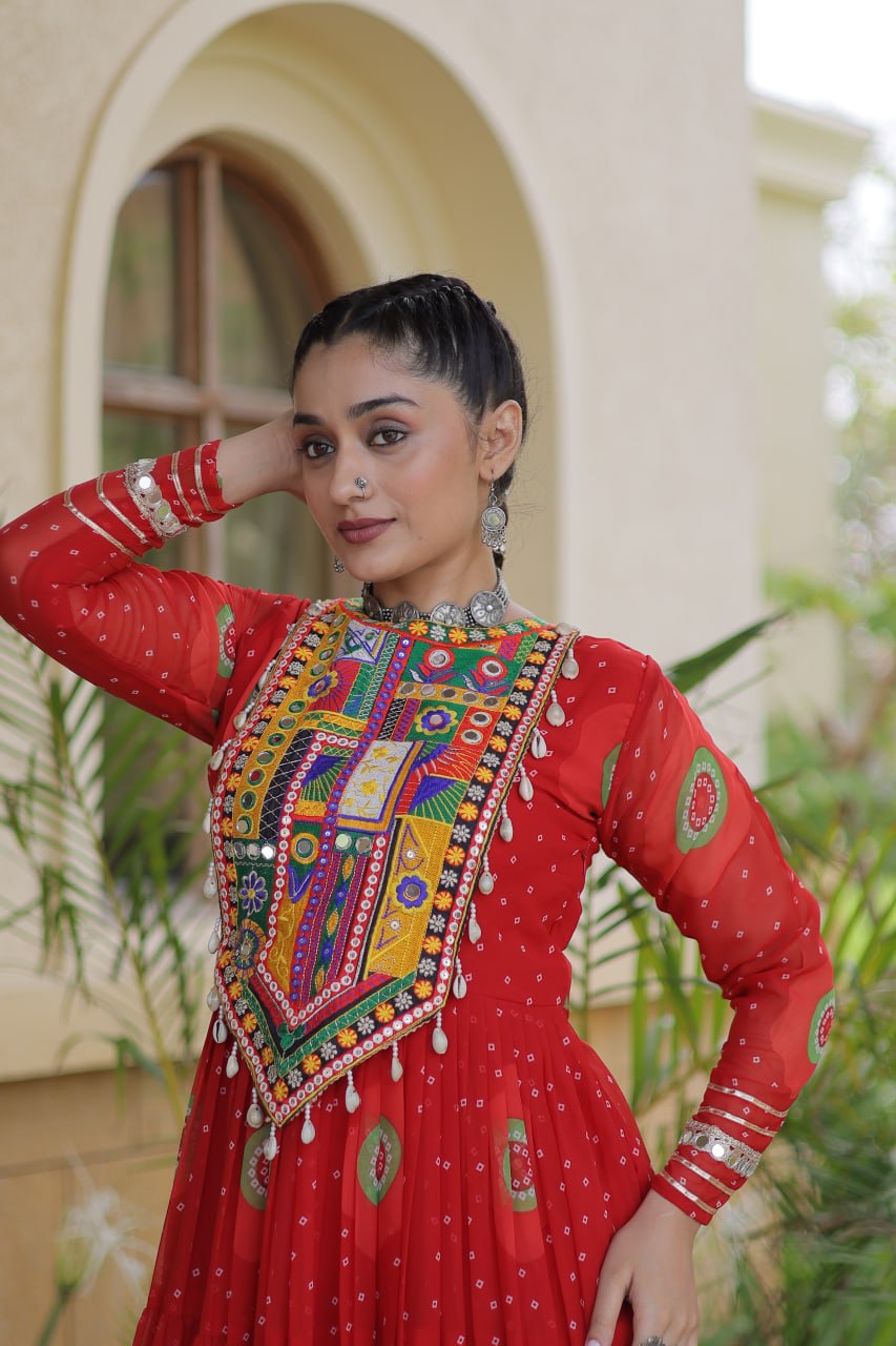 Meera Red Faux Georgette Bandhani Kutchi Patchwork Gown