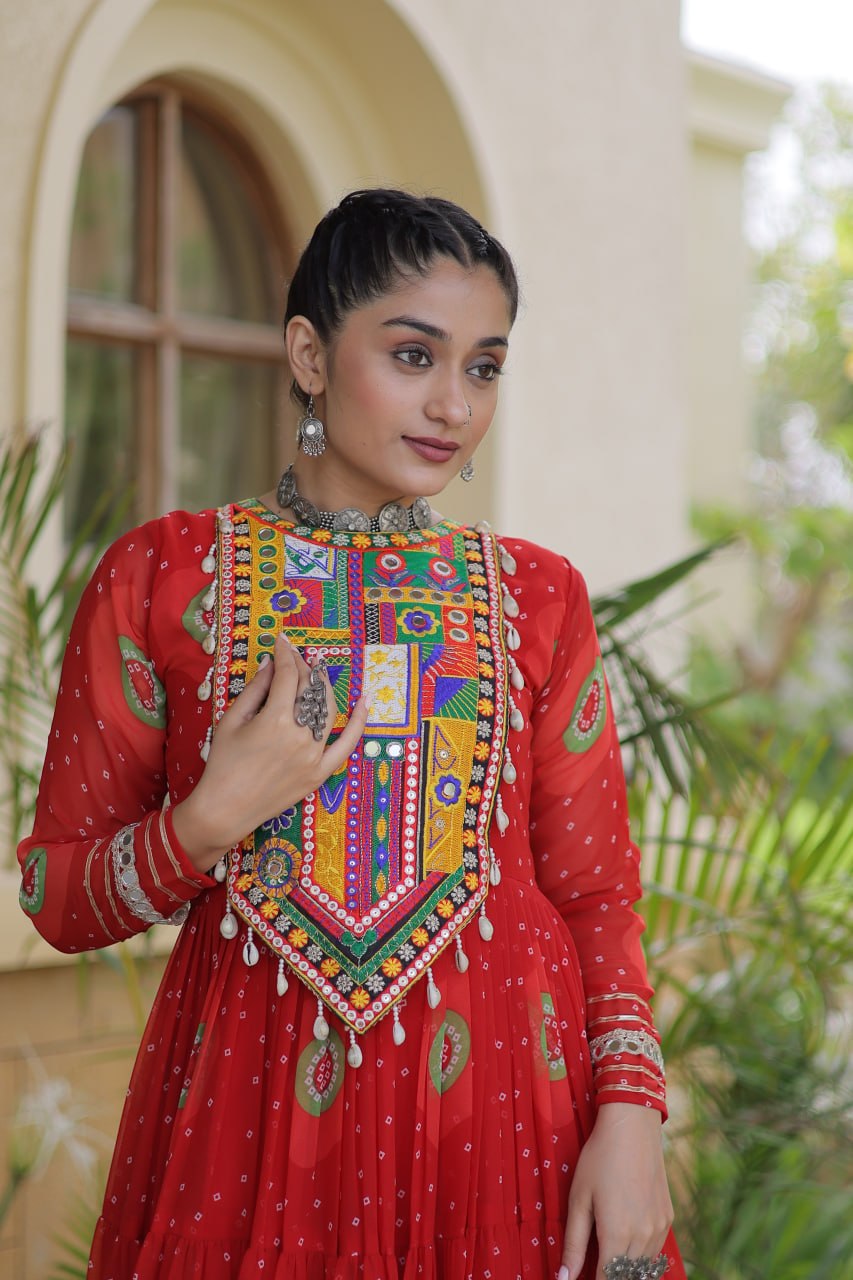 Meera Red Faux Georgette Bandhani Kutchi Patchwork Gown
