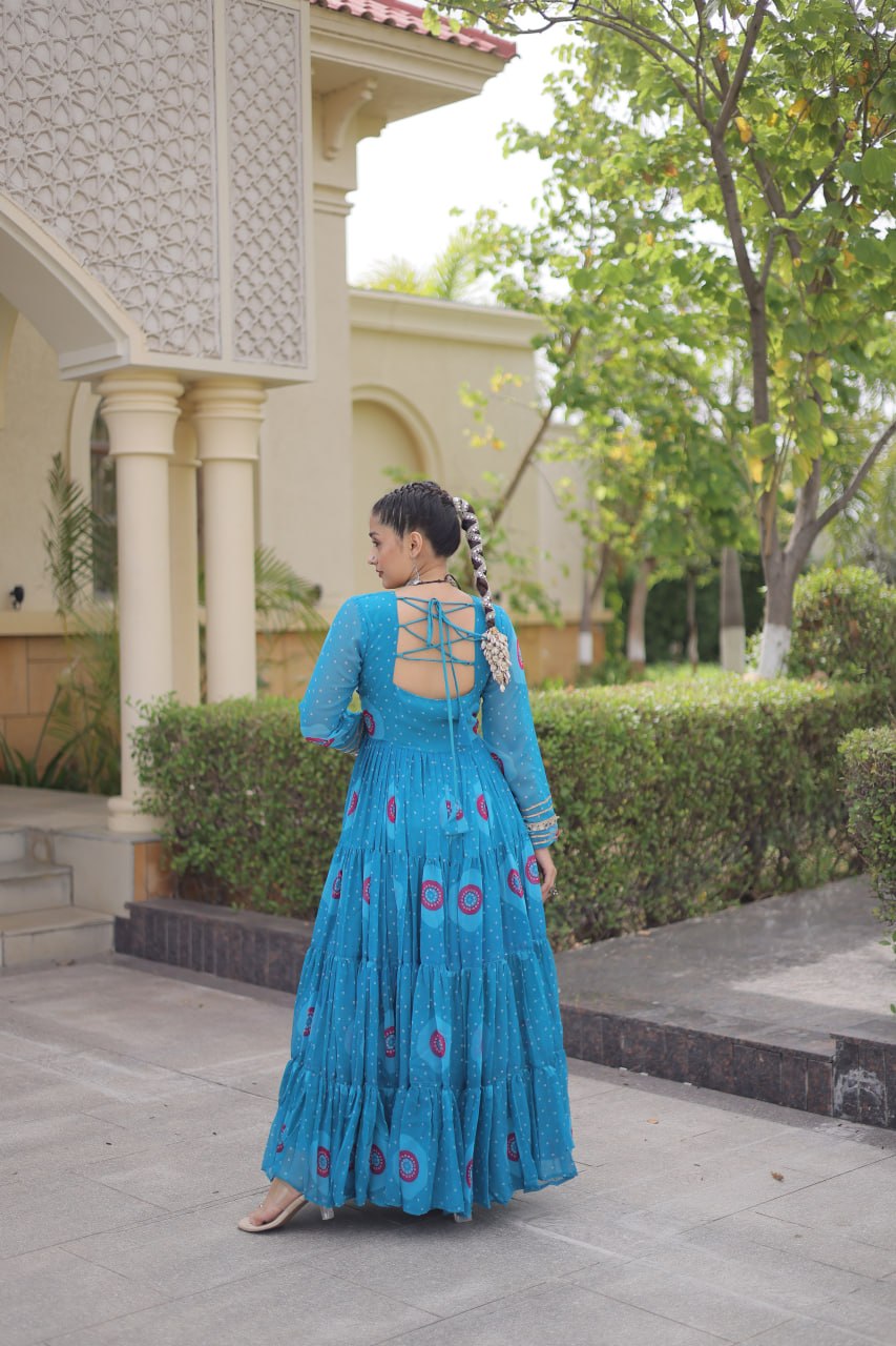 Meera Sky Blue Faux Georgette Bandhani Kutchi Patchwork Gown