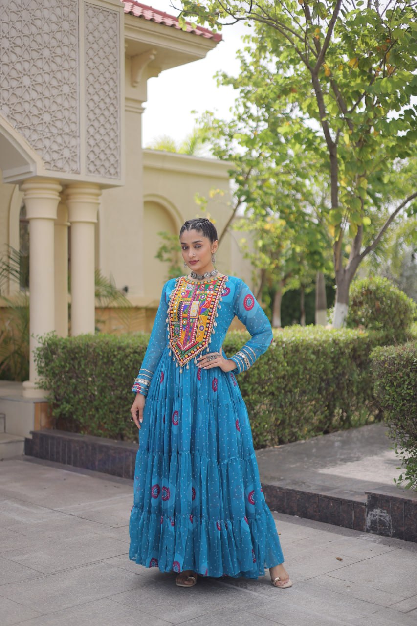 Meera Sky Blue Faux Georgette Bandhani Kutchi Patchwork Gown