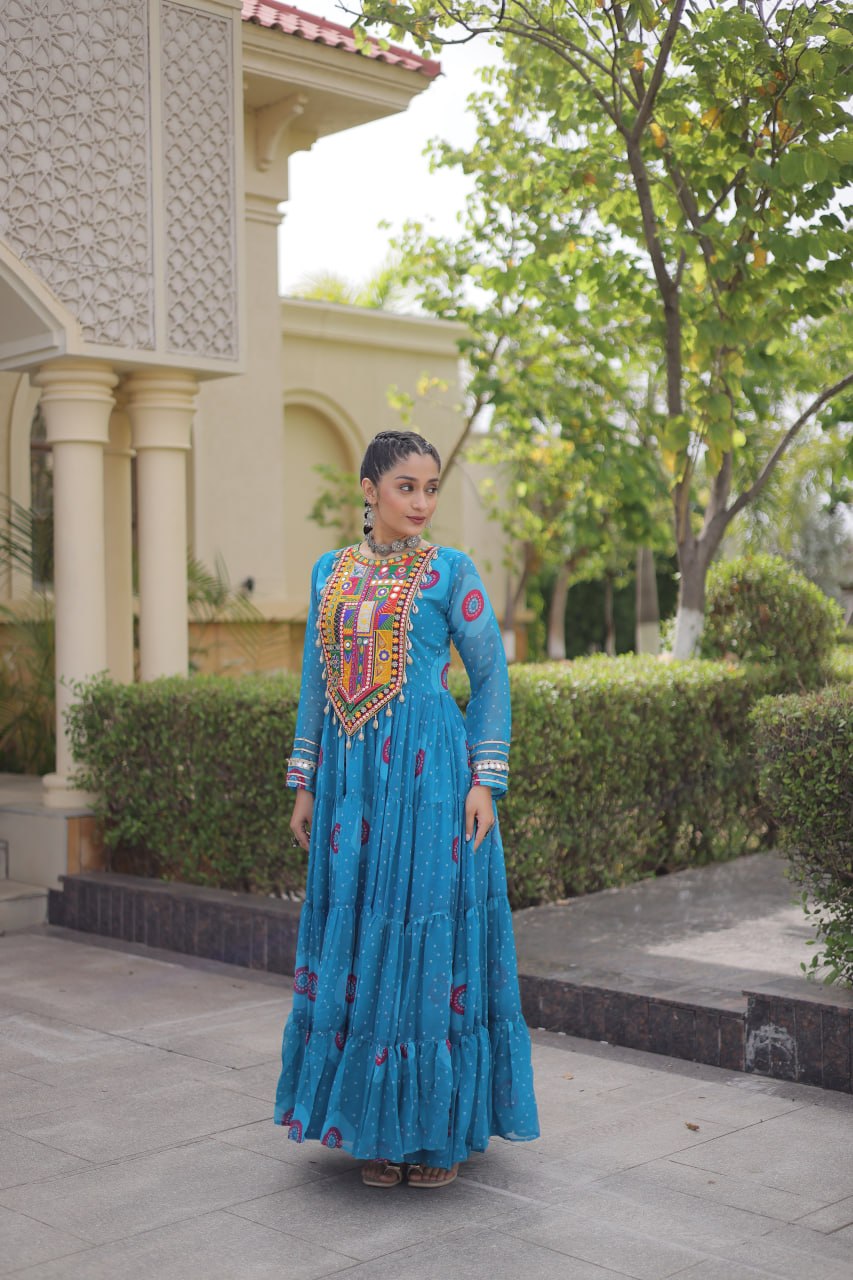 Meera Sky Blue Faux Georgette Bandhani Kutchi Patchwork Gown