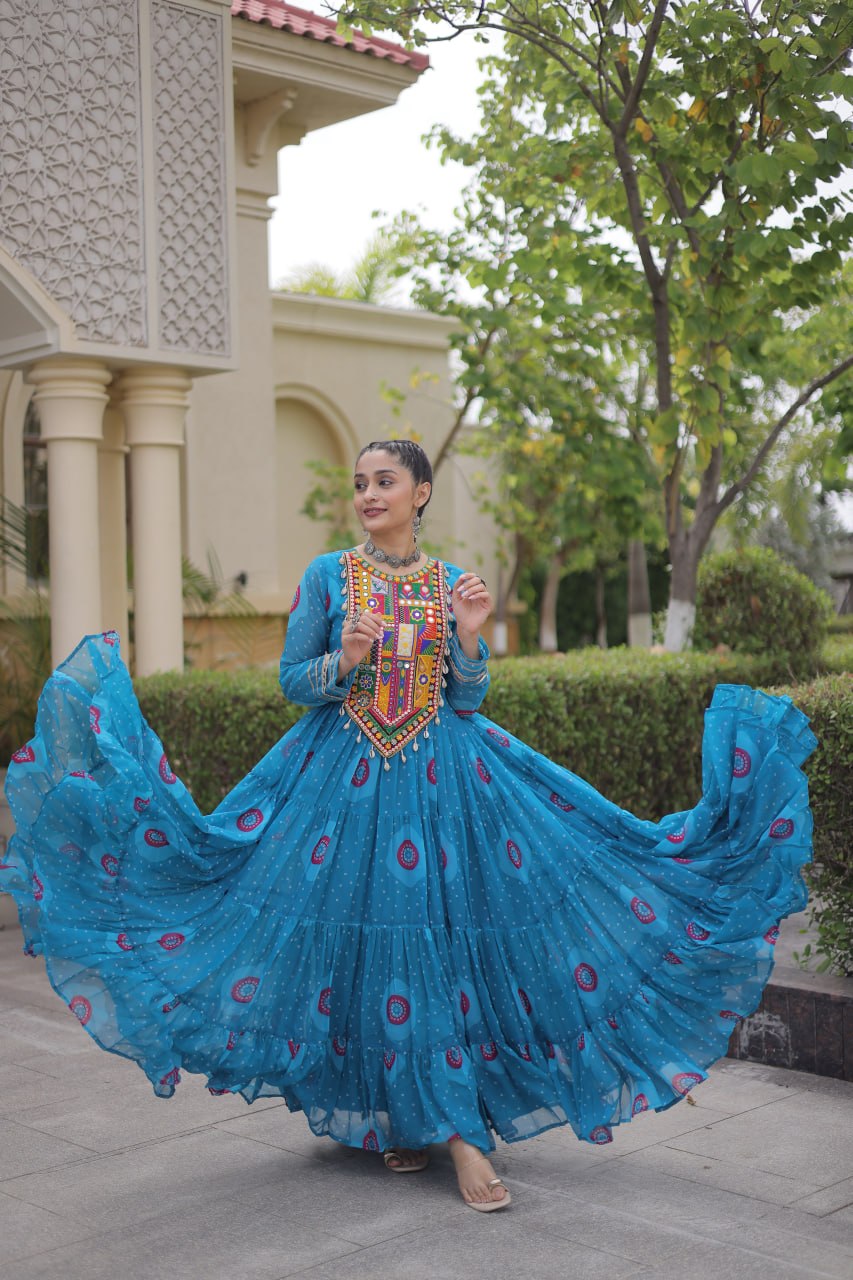 Meera Sky Blue Faux Georgette Bandhani Kutchi Patchwork Gown