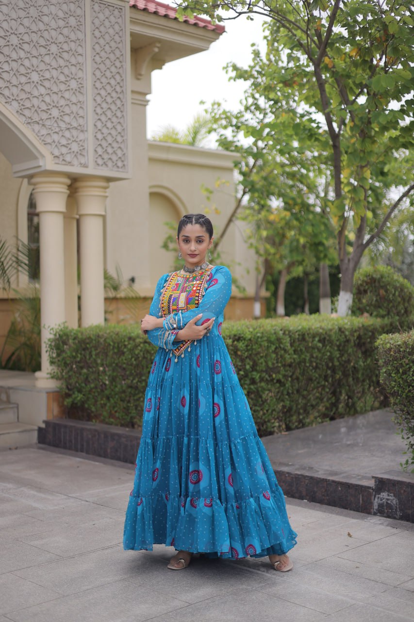 Meera Sky Blue Faux Georgette Bandhani Kutchi Patchwork Gown