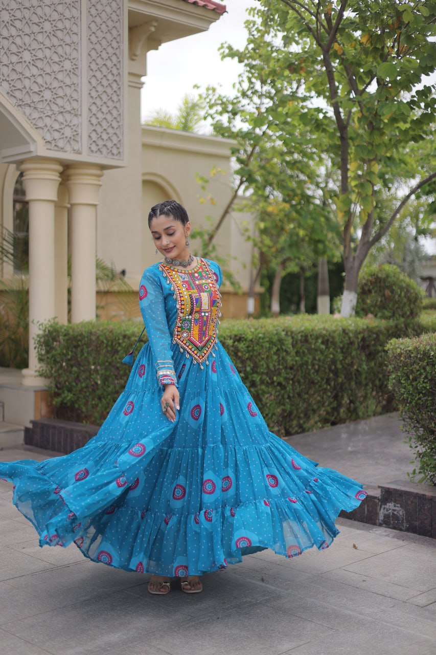 Meera Sky Blue Faux Georgette Bandhani Kutchi Patchwork Gown