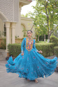 Meera Sky Blue Faux Georgette Bandhani Kutchi Patchwork Gown