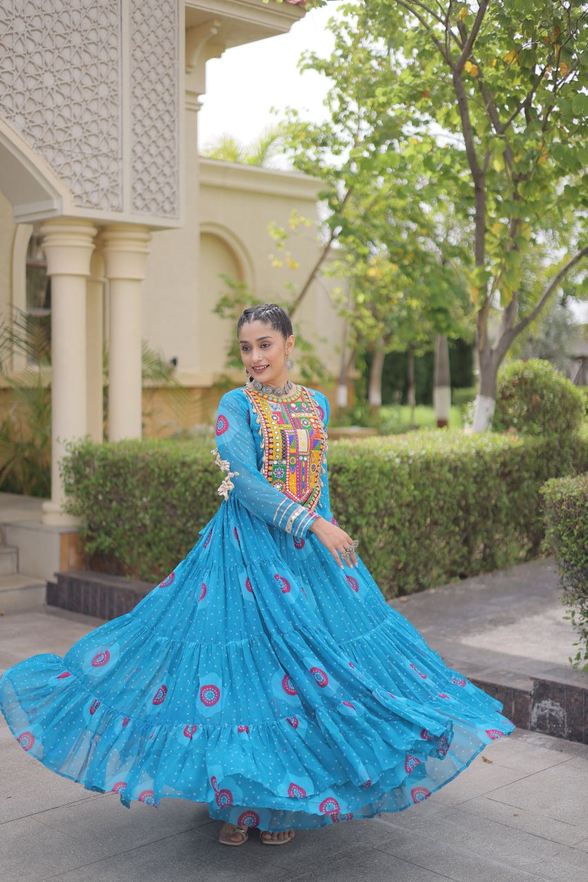 Meera Sky Blue Faux Georgette Bandhani Kutchi Patchwork Gown