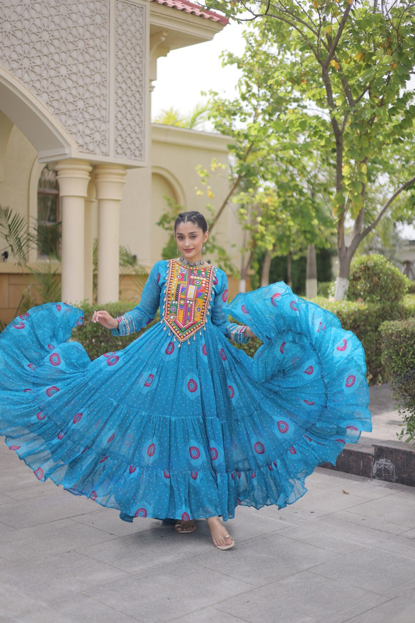 Meera Sky Blue Faux Georgette Bandhani Kutchi Patchwork Gown