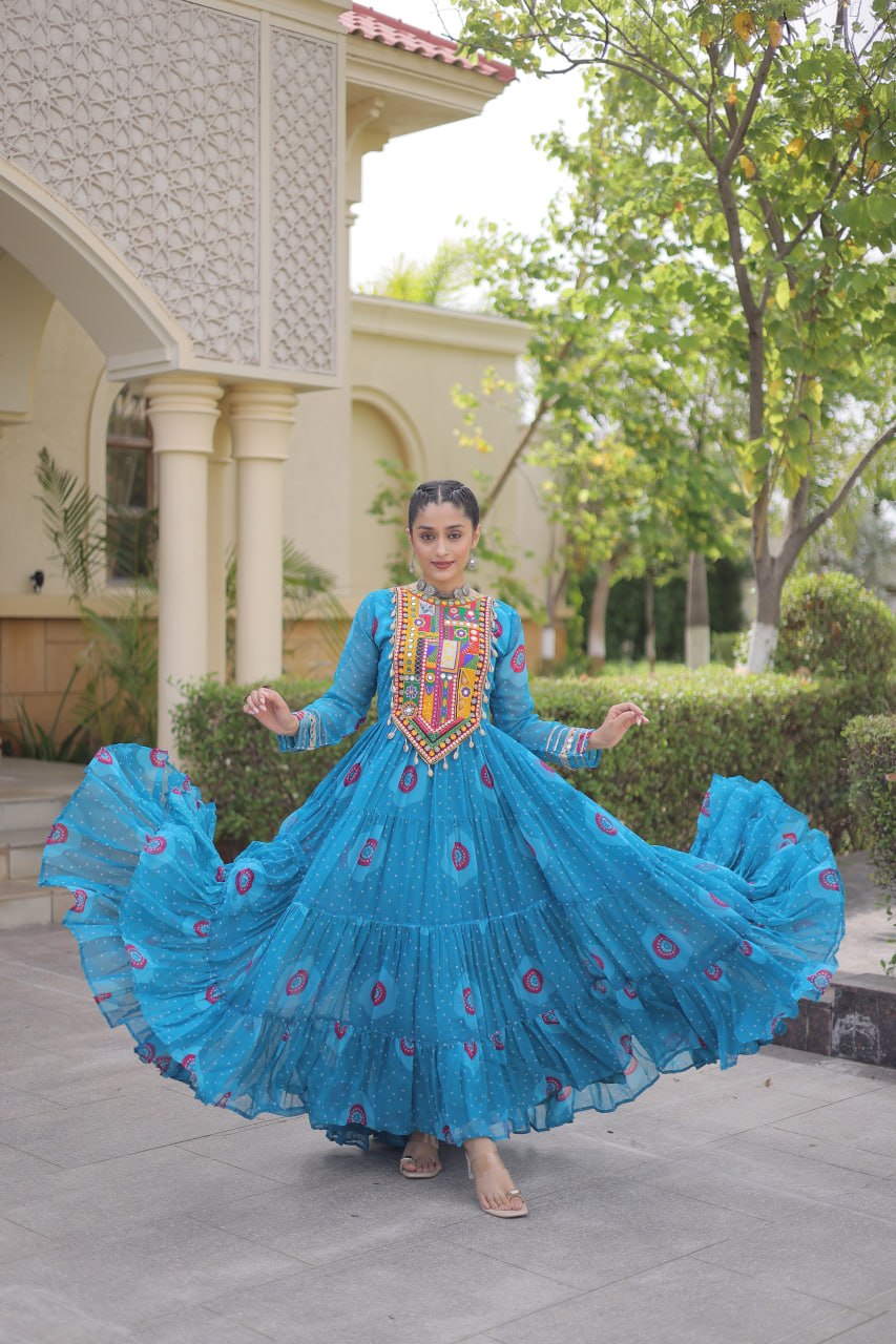Meera Sky Blue Faux Georgette Bandhani Kutchi Patchwork Gown