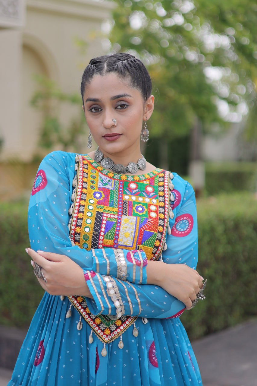 Meera Sky Blue Faux Georgette Bandhani Kutchi Patchwork Gown