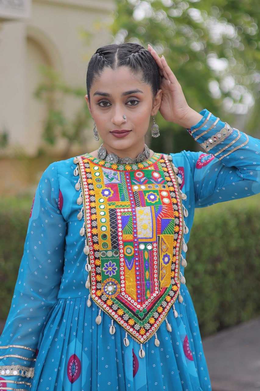 Meera Sky Blue Faux Georgette Bandhani Kutchi Patchwork Gown