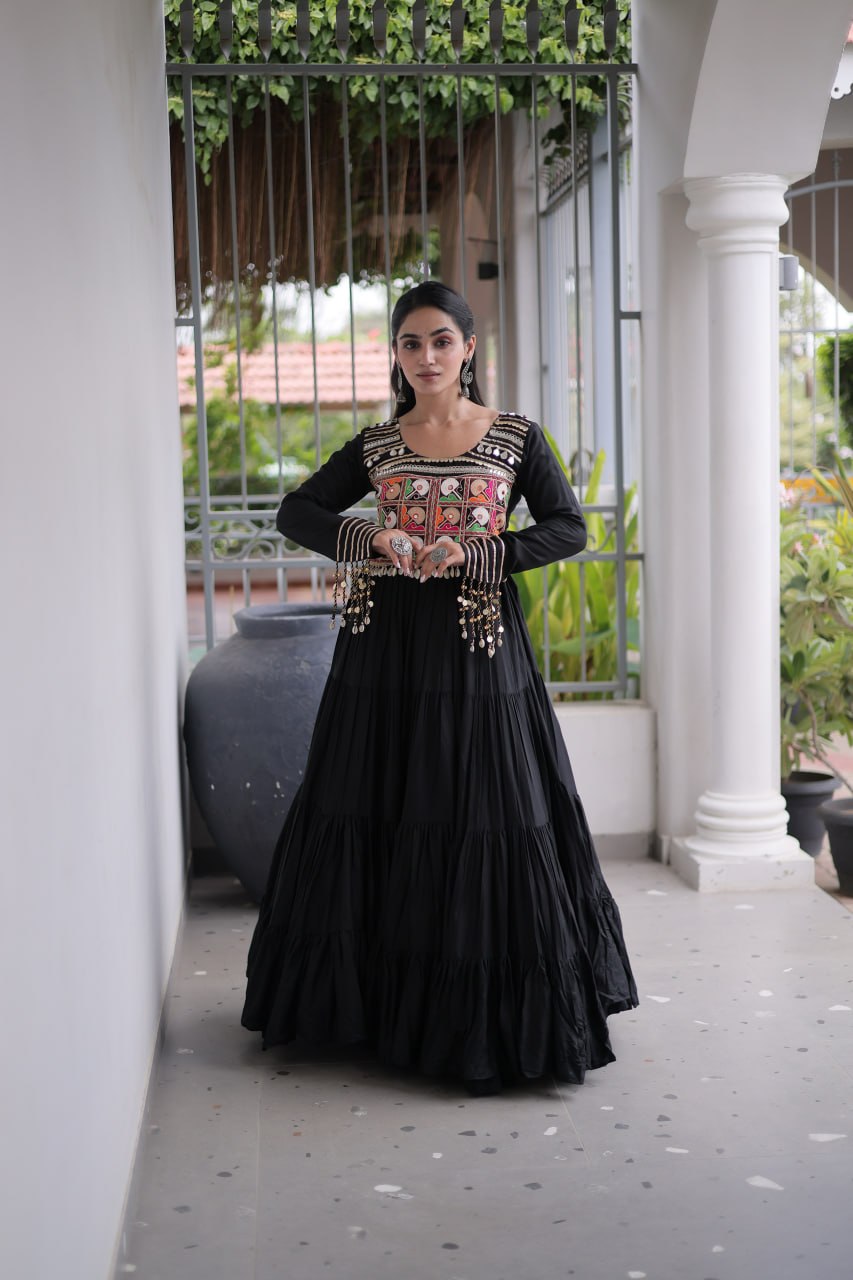 Mahi Black Reyon Kutchi Gamthi Embroidered Gown