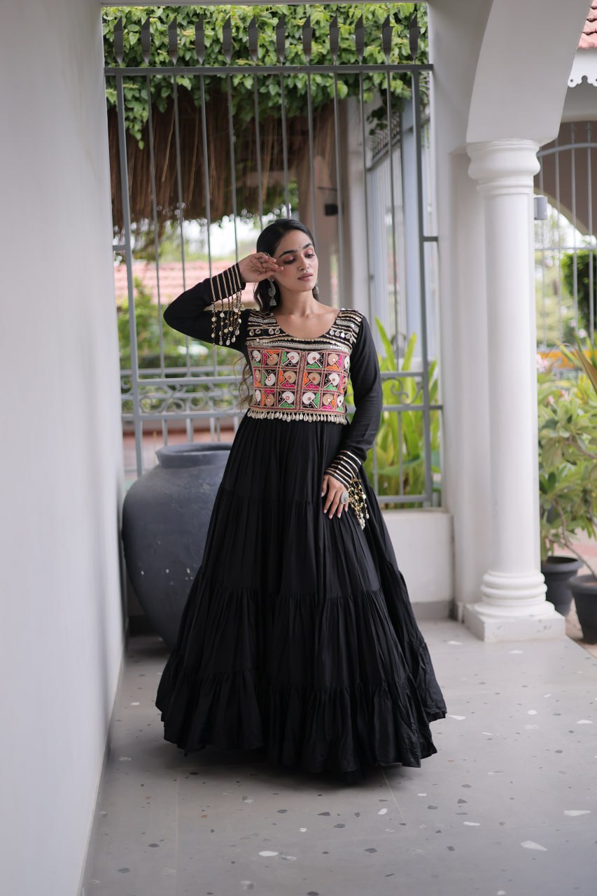 Mahi Black Reyon Kutchi Gamthi Embroidered Gown