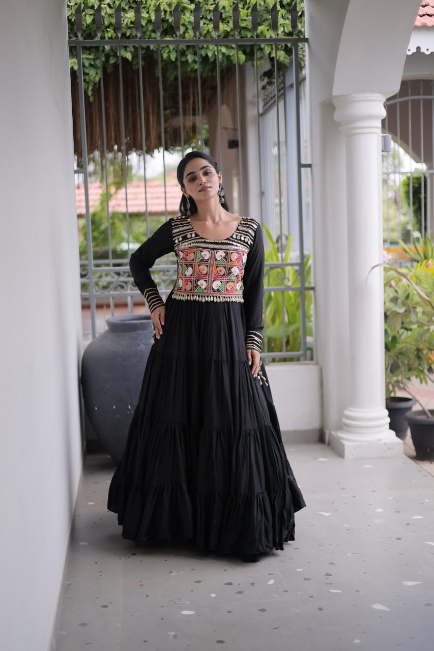 Mahi Black Reyon Kutchi Gamthi Embroidered Gown