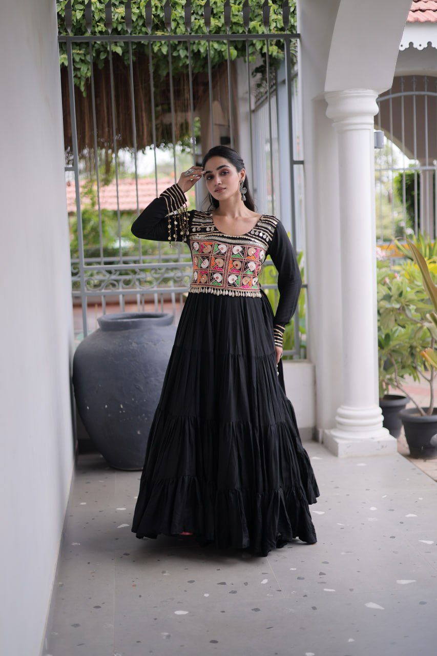 Mahi Black Reyon Kutchi Gamthi Embroidered Gown