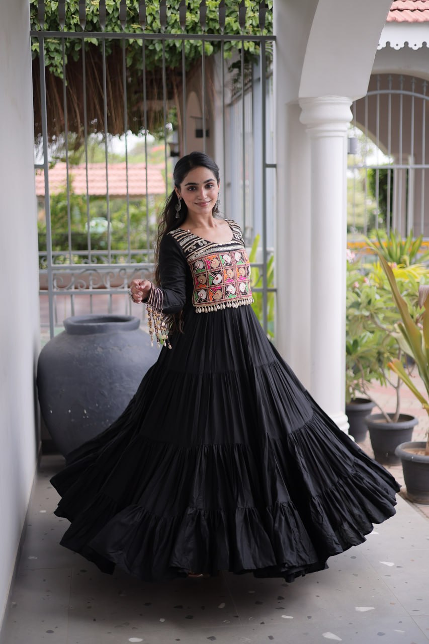 Mahi Black Reyon Kutchi Gamthi Embroidered Gown